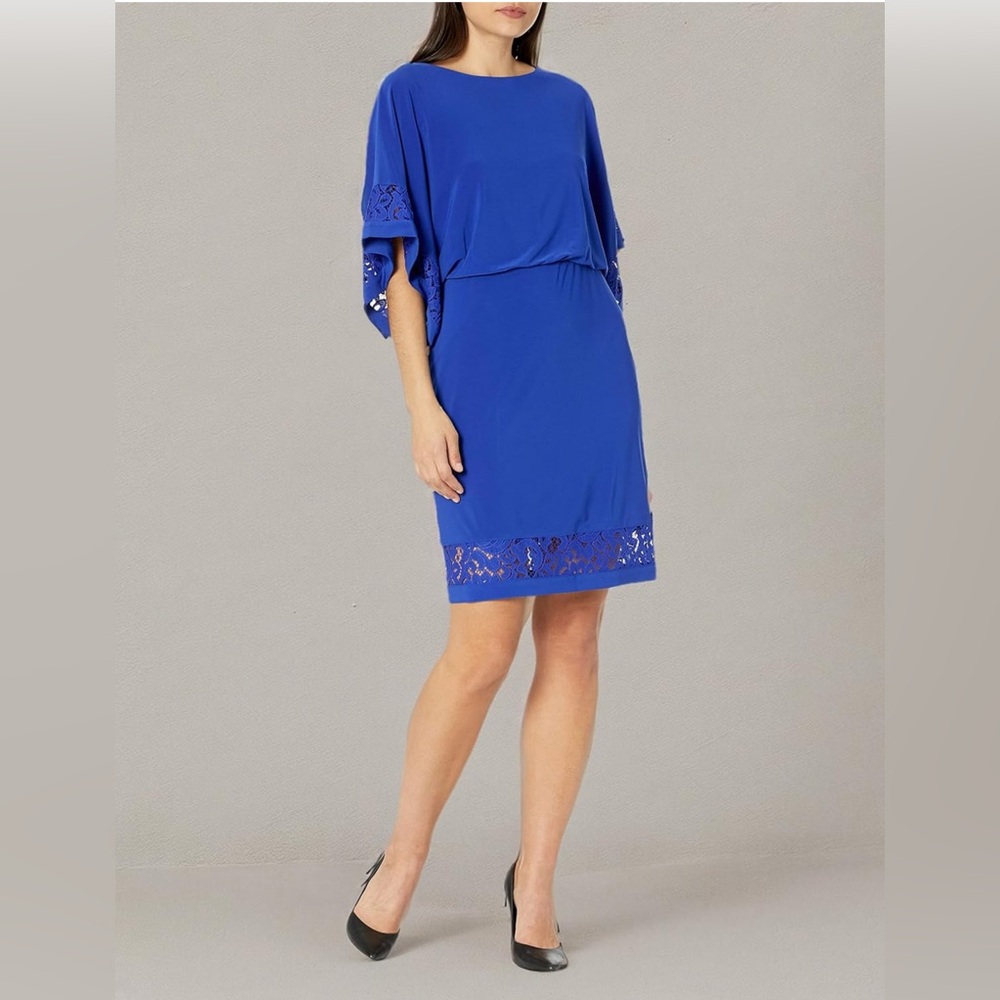 Jessica Howard Lace Trim Knit Mini Dress Boat Neck Elbow Sleeve Desk to Dinner